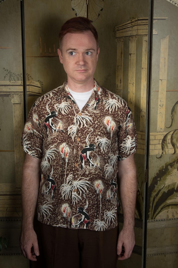 Vintage 1950s Makaha Hawaii Rayon Aloha Shirt Night Spear Fishing Print with Loop Collar and Matched Patch Pocket