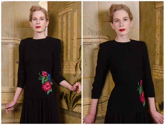 1940s Blouse - The Setalle Blouse - Gorgeous Vintage 40s Formal Blouse with Sequined Floral Corsage Detail