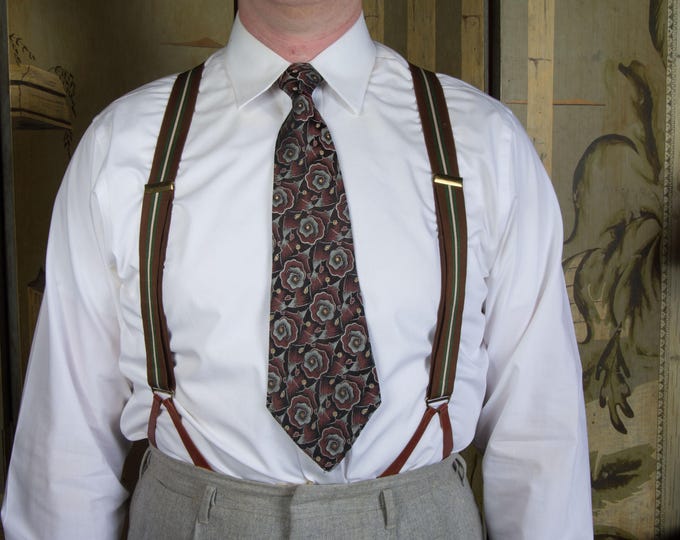 Vintage 1940s 50s Green and Brown Elastic Adjustable X Back Suspenders with Leather Button Loops