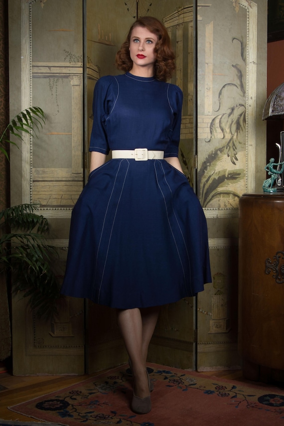 1950s Dress - Rare Vintage Claire McCardell Clothes by Townley Woven Blue Dress with White Stitching and Pleated Sleeves