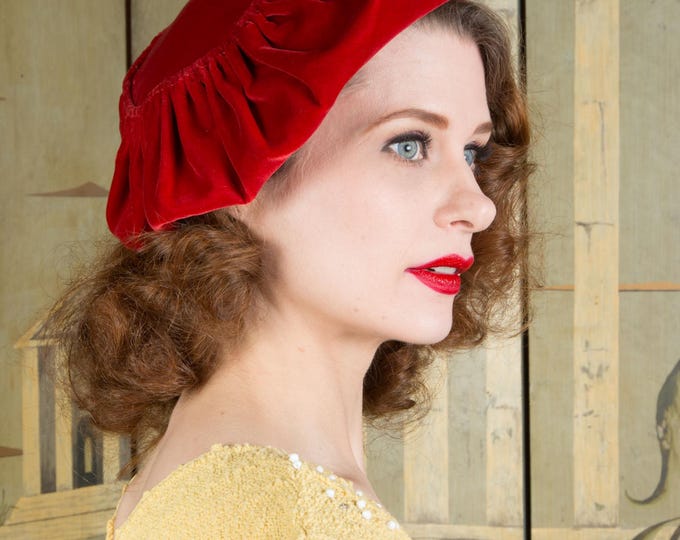 Vintage 1950s Velvet Beret, Slouched Tam in Deep, True Red by Emme, I. Magnin