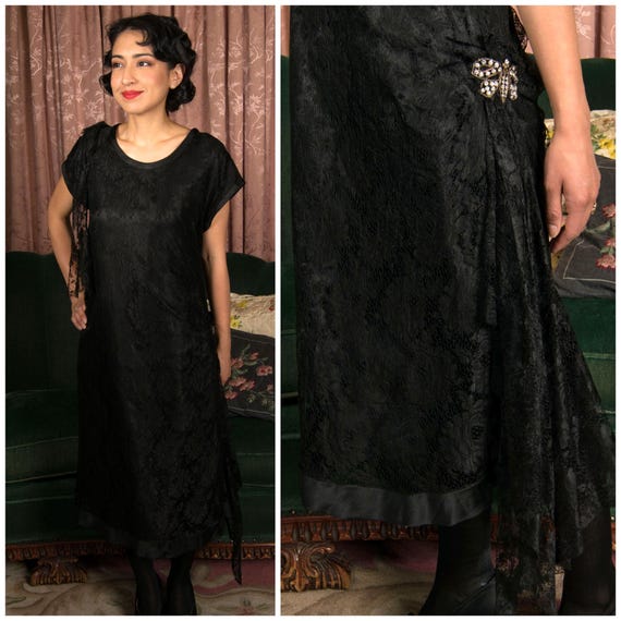 1920s Dress - Airy and Delicate 20s Machine Silk Lace Dress with Rhinestone Insect Embellishment