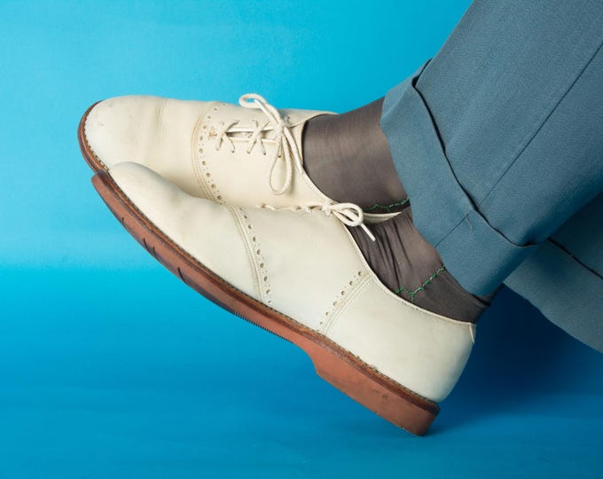 1980s Vintage Shoes Size 10 1/2 M - Johnston & Murphy White Suede Bucks with Red Rubber Brick Sole