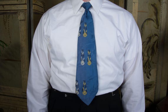 Vintage 1940s Shiny All Silk Wide Necktie with in Blue Floral Bunny Faces