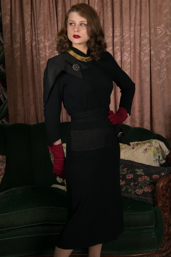 1940s Black Rayon Dress with Gold Trim