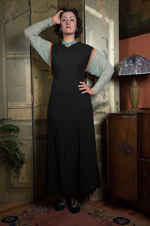 1930s Dress Dramatic Vintage 30s FOGA Black Evening Gown with Sheer Beaded Dolman Sleeves Volup