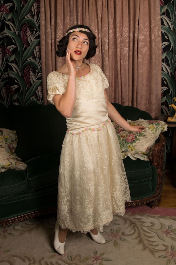 1920s Wedding Gown - Darling Mid 20s Wedding Dress in Lustrous Silk and Lace with Pastel Flowers - Entire Family Trousseau with Provenance