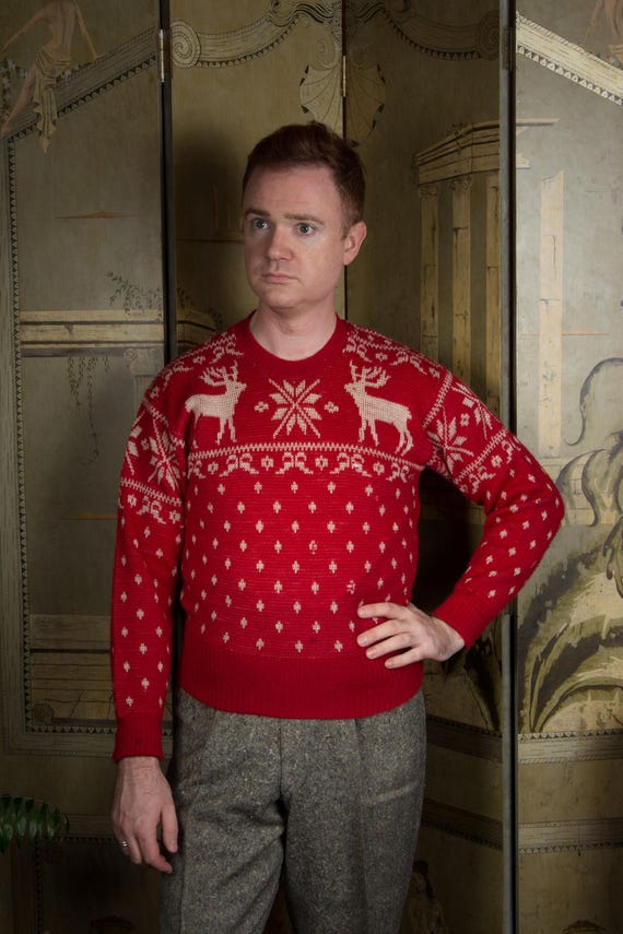 Vintage 1940s JANTZEN Wool Jacquard Holiday Winter Novelty Sweater with Moose in Christmas Red