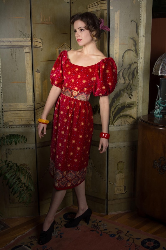 1970s Dress - Late 1970s Vintage VICTOR COSTA Printed Velveteen Dress with Puffed Sleeves