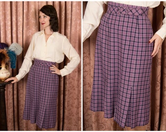 1950s Skirt - Chic JANTZEN Vintage 50s Purple Plaid Wool Skirt with Original Self Fabric Belt