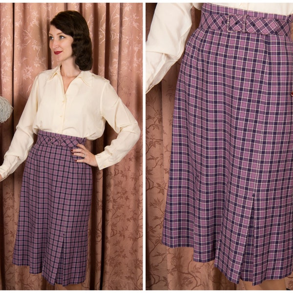 1950s Skirt - Chic JANTZEN Vintage 50s Purple Plaid Wool Skirt with Original Self Fabric Belt