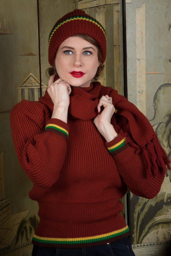 Incredible Antique Three Piece Wool Knit Sweater Set with Turtleneck Jumper, Scarf and Cap by Henry Hesse