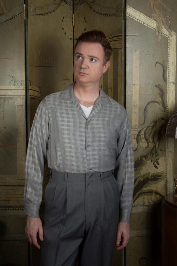 Vintage 1950s Silver on Grey Plaid Rock and Roll Rockabilly Long Sleeve Loop Collar Shirt Made in California