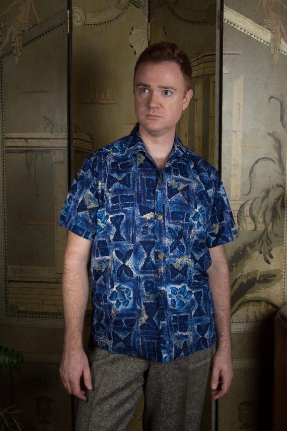 Vintage 1950s HAWAIIAN CASUALS by Stan Hicks Cotton Aloha Shirt in Blues with Metallic Gold
