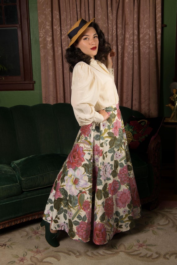 1970s Skirt - Fantastic Vintage 70s Homemade Curtain Fabric Floral Maxi Skirt with 1930s Bell Zipper