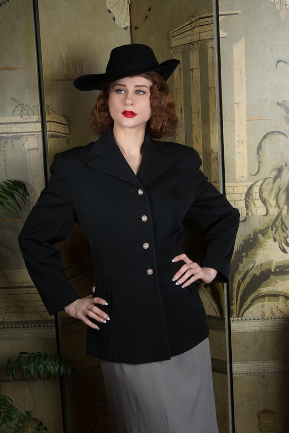 1940s Jacket - Wicked Vintage Black Gabardine Vintage 40s Tailored Jacket with Pleated Details