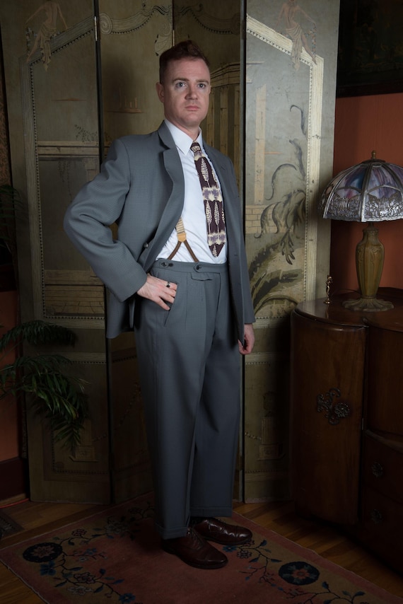 Vintage 1950s German Made Suit in Unique Grey Wool with Self-Fabric Suspender Tabs