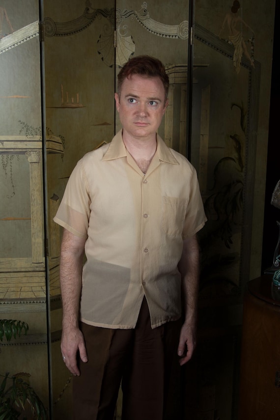 Vintage 1950s GENTRY Sheer Nylon Seersucker Loop Collar Patch Pocket Short  Sleeve Shirt in Pale Tan