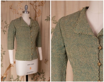 1940s Sweater - Vintage 40s Silk Yarn Short Sleeve Cardigan in Seafoam Green with Gold