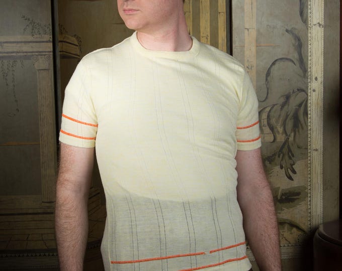 Vintage 1960s Pullover Knit Short Sleeve T-Shirt Cut Sweater in Butter Yellow with Orange Banded Stitching