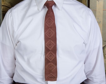 Vintage 1960s Machine Knit  Chocolate Brown Square Bottom Tie with Diamond Patterning