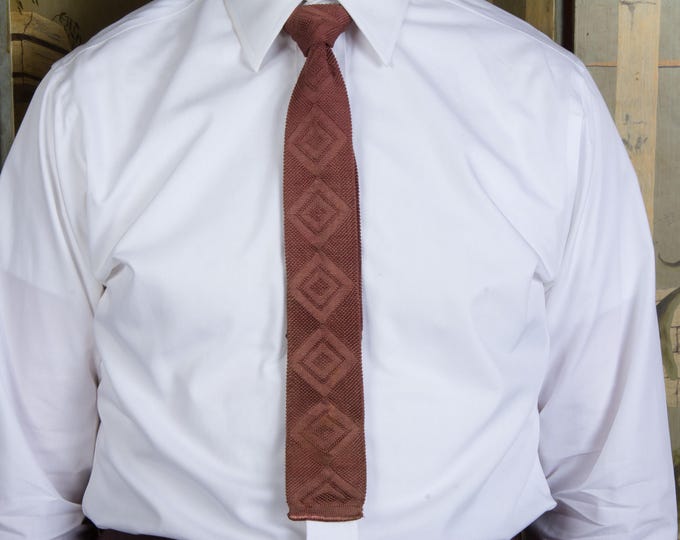 Vintage 1960s Machine Knit  Chocolate Brown Square Bottom Tie with Diamond Patterning