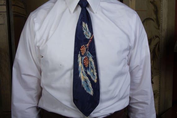 Vintage 1940s Winter Themed Novelty Necktie in Shiny Blue Satin Brocade with Fir Branches and Pinecones Christmas Creveling of California