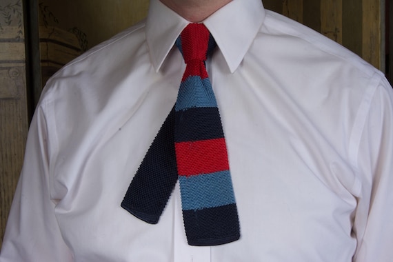 Vintage 1930s 40s Lustrous Machine Extra Short Knit Square Bottom Tie in Navy, Blue, and Red Boys or Women's?