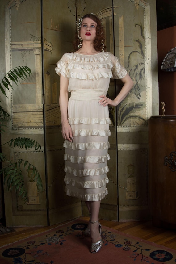 1920s Wedding Dress - Documented 1923 Silk Chiffon and Satin Ruffled Wedding Trousseau with Wax Flower Crown, Original Garters, Photos, More