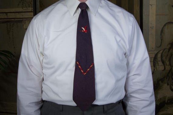 Vintage 1950s Embroidered Tie in Navy with Flying Duck