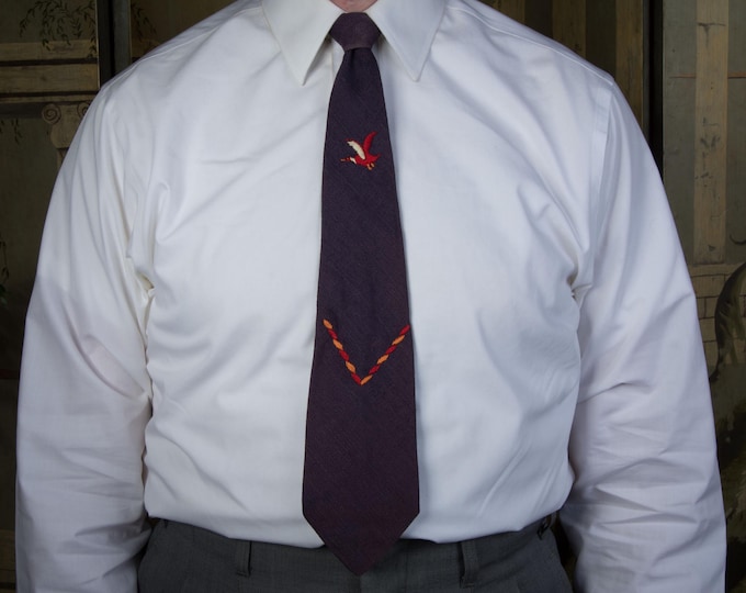 Vintage 1950s Embroidered Tie in Navy with Flying Duck