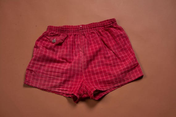 Vintage 1950s or Early 60s Red Cotton Plaid Men's Swim Trunks