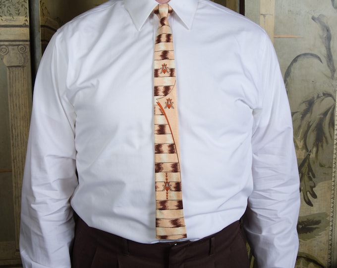 Vintage 1960s Swanky Mod Square Bottom Necktie in Peach, Brown and Ivory Brocade