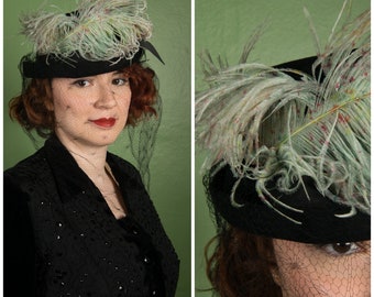 1940s Hat - Vintage 40s Top Hat Toque with Splatter Dyed Ostrich Plume