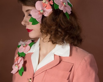 Vintage 1940s Velvet Flower Millinery or Corsage Piece in Coral Pink, Coral, White and Green with Beads