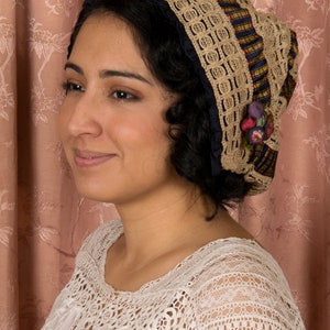 Antique Cap Gorgeous Antique Victorian Silk Cap in Tartan Plaid, Cordé Lace and Navy Silk with Silk Covered Berries Detail image 4