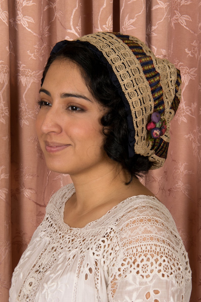 Antique Cap Gorgeous Antique Victorian Silk Cap in Tartan Plaid, Cordé Lace and Navy Silk with Silk Covered Berries Detail image 4