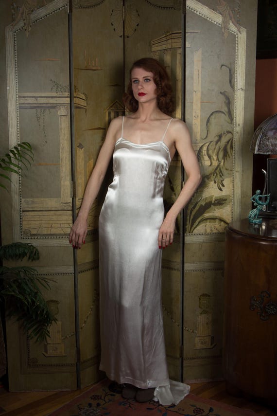 1930s Gown - Vintage 30s Wedding Slip in Slipper Rayon Blend Satin with Train and Side Closure