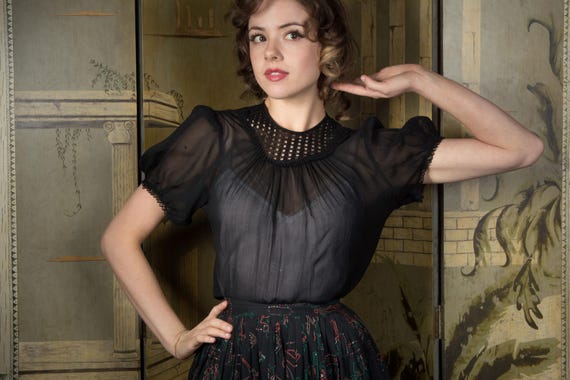 1940s Blouse - Sheer Black Rayon Chiffon Puffed Sleeved Blouse with Lace Neckline and Buttons Up the Back