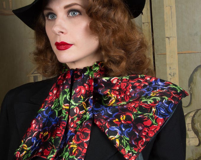 1940s Scarf  Gorgeous Vintage 40s Womens Necktie Style Cravat Two Sided in Jewel Tone Printed Rayon Charmeuse and Black Satin Reverse