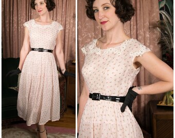 1950s Dress - Pretty Pink Vintage 50s Sheer Cotton Organza Dress with Rose Print and Rhinestone Studded Applique