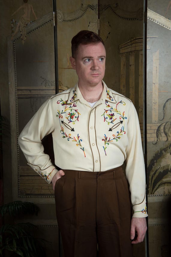Vintage As Is 1950s H Bar C Soft Rayon Gabardine Embroidered Western Wear Pearl Snap Shirt in Ivory with Multicolored Embroidery XL 17