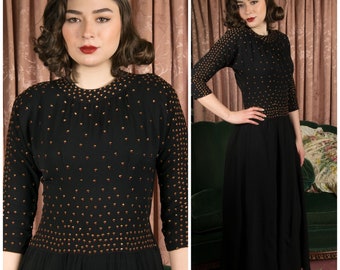 1940s Dress - Gorgeous Black Crepe Full Length 40s Evening Gown with Brass and Enamel Studs AS-IS