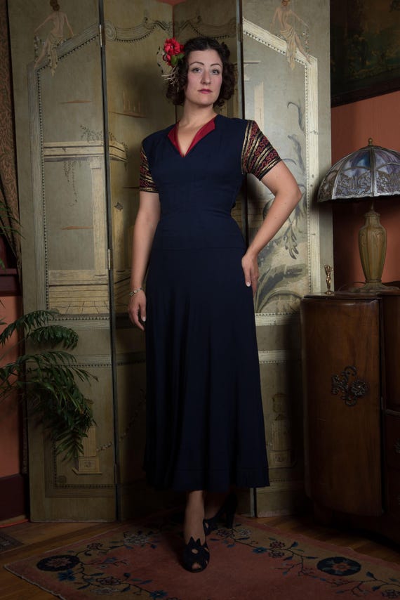 1940s Vintage Evening Dress in Navy Blue Rayon Crepe with Metallic Gold Trim and Soutache New York Creation