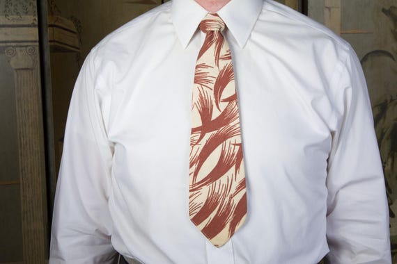 Vintage 1930s 1940s PALM BEACH Cloth Patterned Summer Necktie Goodall Worsted Co. Brown and Ivory