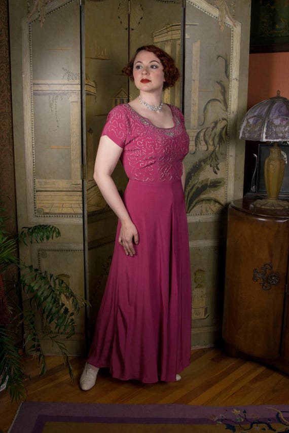 1940s Dress - Raspberry Pink Vintage 40s Rayon Evening Gown with Heavily Beaded Bodice by DuBarry