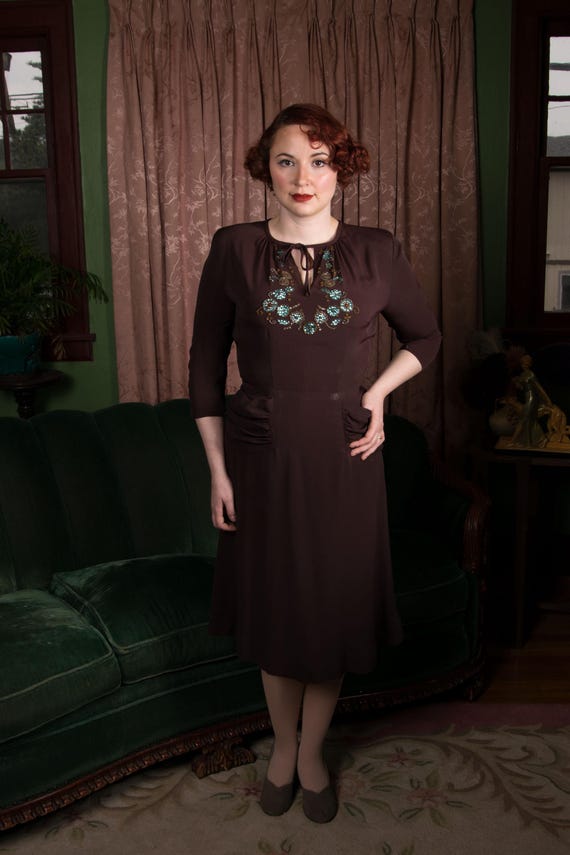 1940s Dress - Fab Brown Rayon Vintage 40s Cocktail Dress with Sequined Bodice, Strong Shoulders and Tie Style Neckline