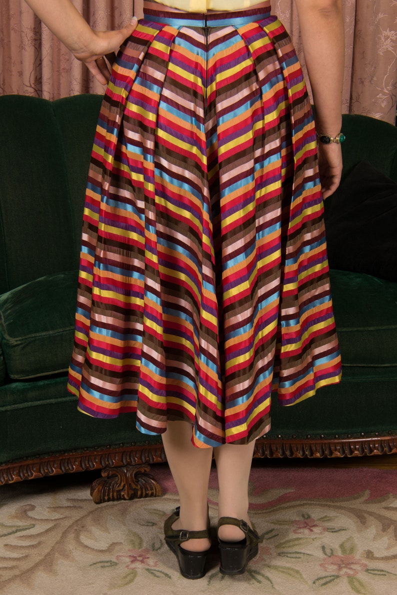 1950s Skirt Vintage 50s Lush Rainbow Striped Pleated Skirt with Wide Waistband image 10