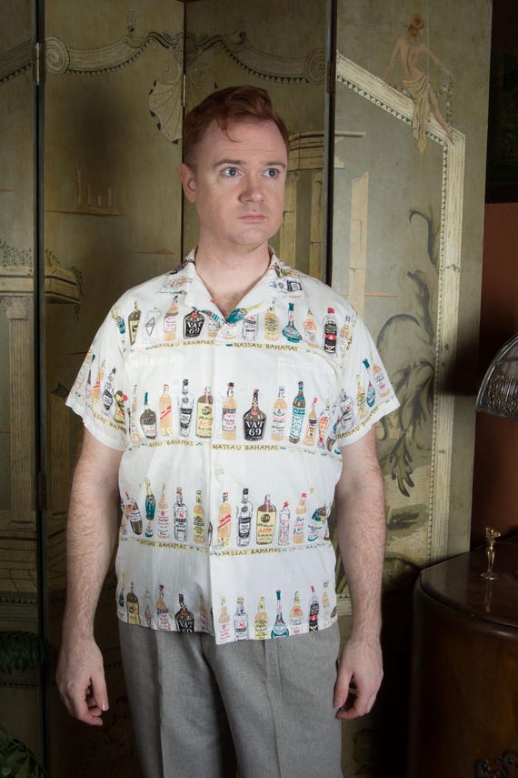 Vintage 1950s Novelty Print Cotton Loop Collar Shirt with Liquor Bottle Theme from Nassau Bahamas Moygashel Cotton