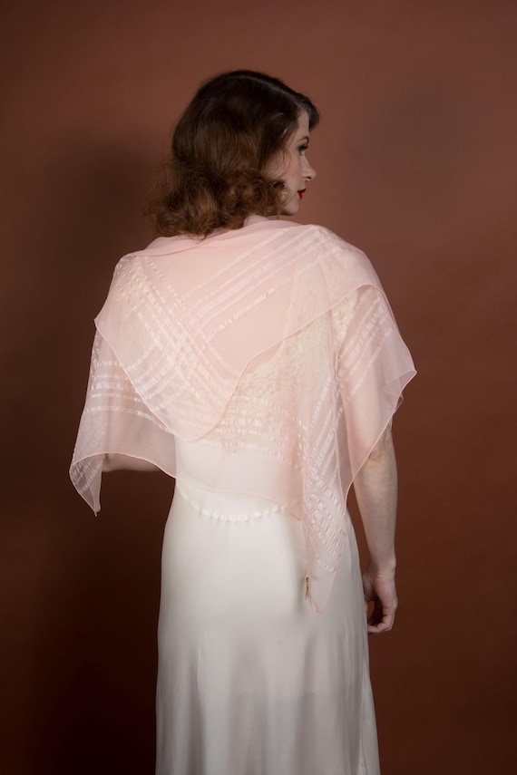1920s 30s Scarf - Sheer Pink Silk Chiffon Square Scarf with Lustrous Woven Stripes and Rolled Hem Edge